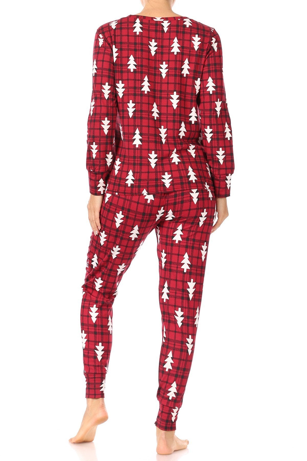 Plaid Christmas Trees Fleece Lined Lounge Pajama Set Pants and Shirt