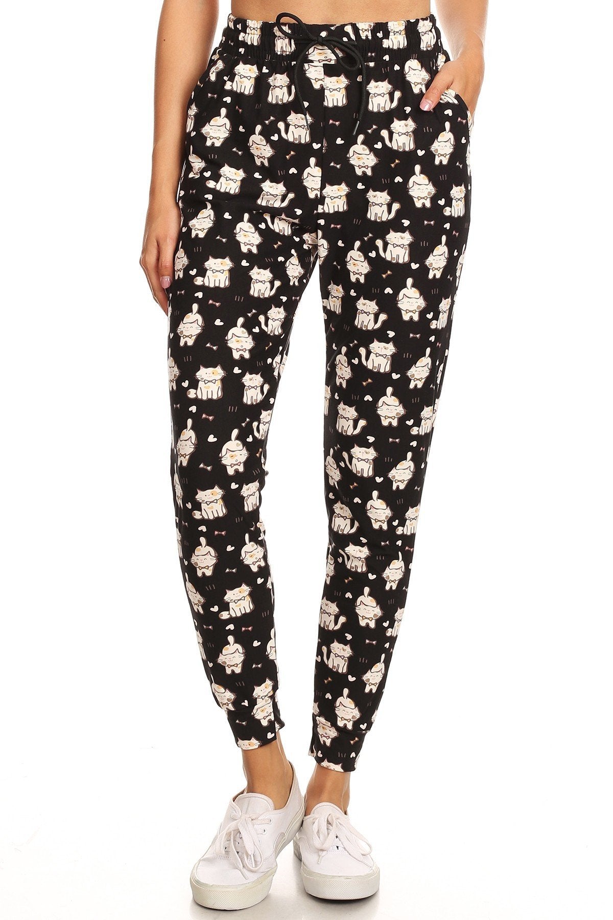 White Cat Print Soft Lounge Jogger Pants