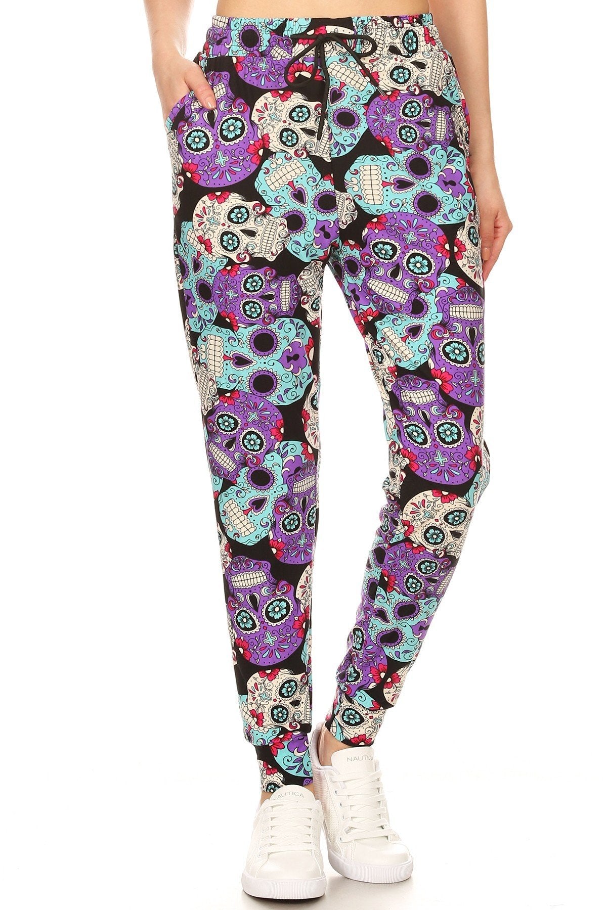 Large Colored Sugar Skull Print Soft Lounge Jogger Pants