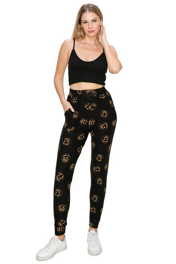Halloween Fall Pumpkin Jackolantern Print Soft Lounge Jogger Pants
