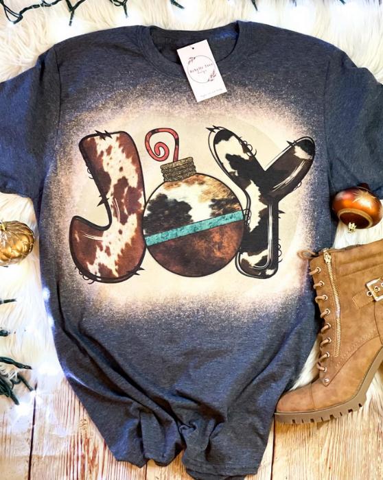 Joy Cow Print Christmas Ornament Bleached Dye Canvas Girlie T Shirt