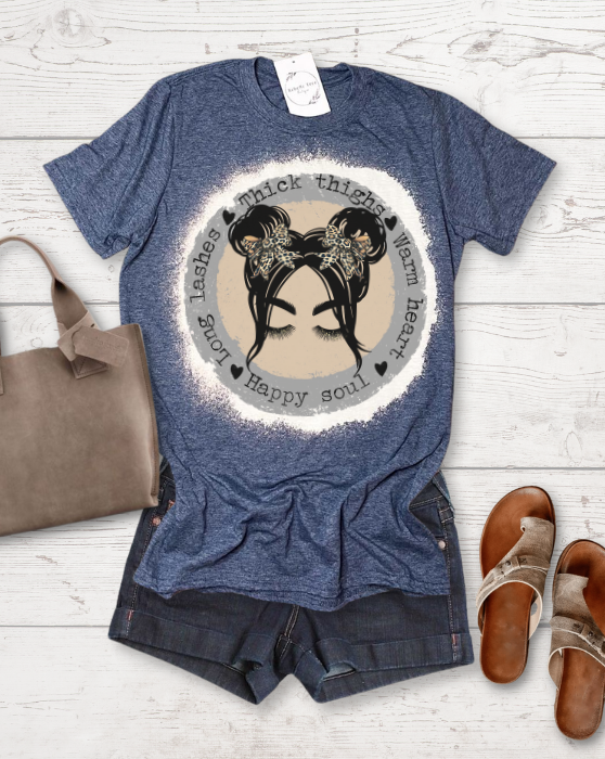 Long Lashes Thick Thighs Happy Soul Messy Bun Bleached Dye Canvas Girlie T Shirt