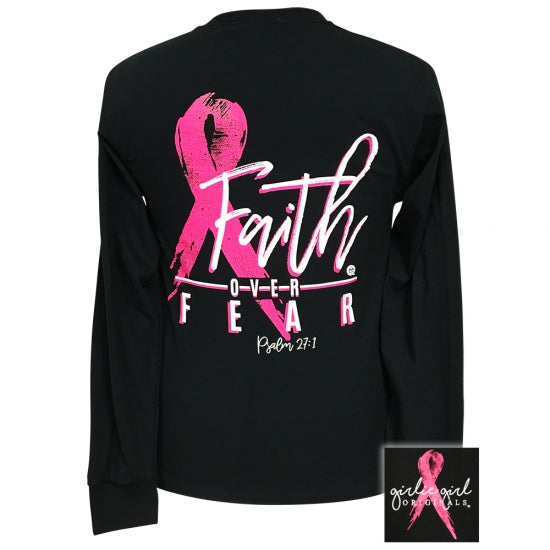 Girlie Girl Preppy Faith Over Fear Breast Cancer Long Sleeve T-Shirt