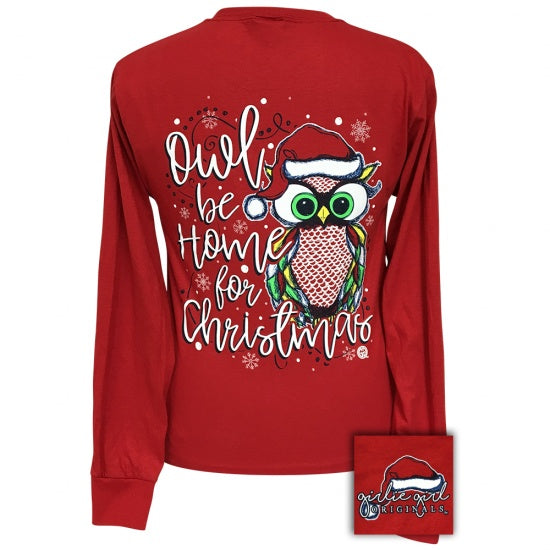 Girlie Girl Preppy Owl Be Home For Christmas Holiday Long Sleeve T-Shirt - SimplyCuteTees