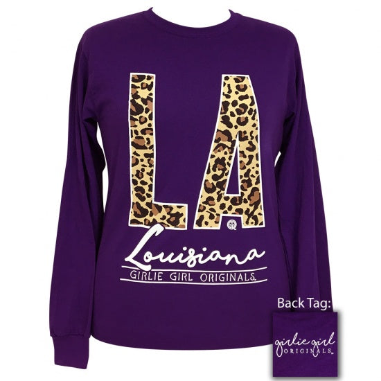 Girlie Girl Preppy Leopard Louisiana Long Sleeve T-Shirt - SimplyCuteTees
