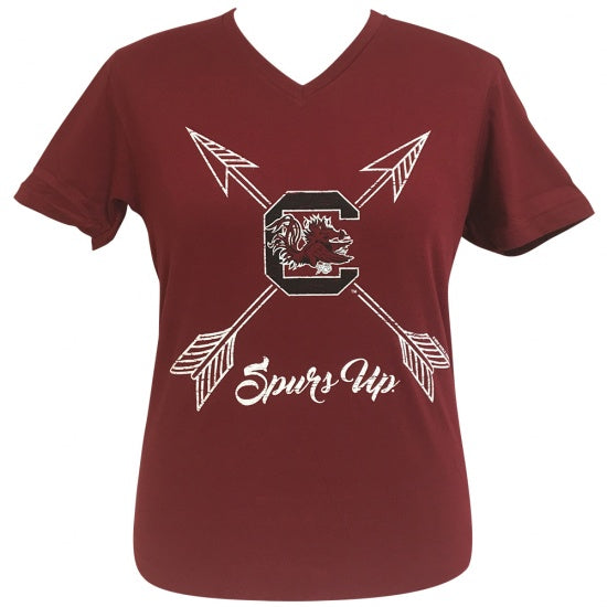 Girlie Girl Preppy South Carolina Gamecocks Spurs Up V-Neck Red T-Shirt