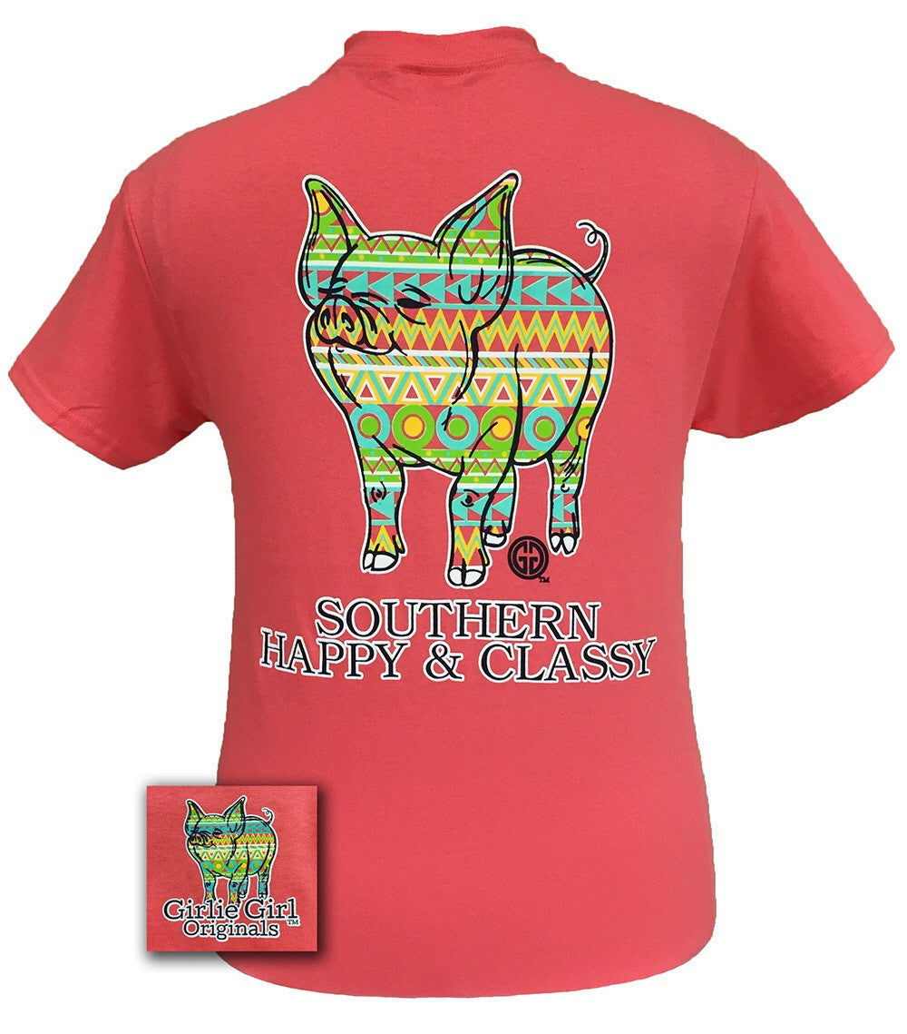 SALE Girlie Girl Originals Southern Aztec Happy & Preppy Pig Bright Coral T Shirt