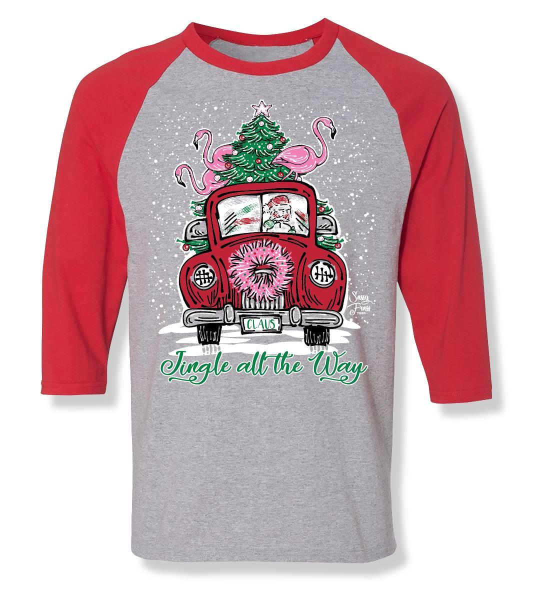 SALE Sassy Frass Jingle All the Way Santa Clause Mobile Car Christmas Long Sleeve Raglan Bright Girlie T Shirt