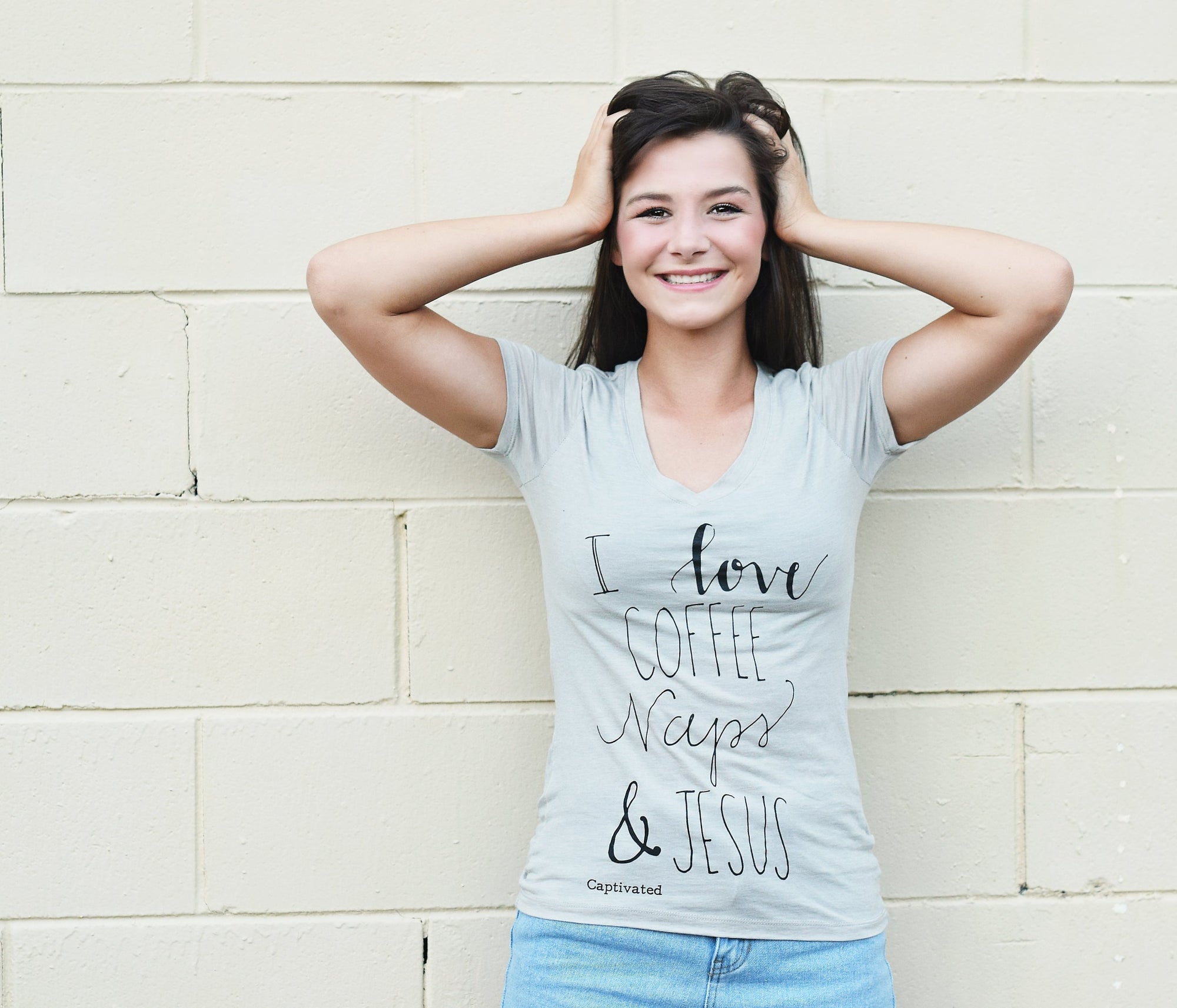 Sassy Frass Captivated I Love Coffee Naps &amp; Jesus V-Neck Bright Girlie T Shirt