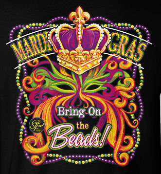 Sassy Frass Mardi Gras Bring on the Beads Mask Crown Front Print Girlie Bright T Shirt