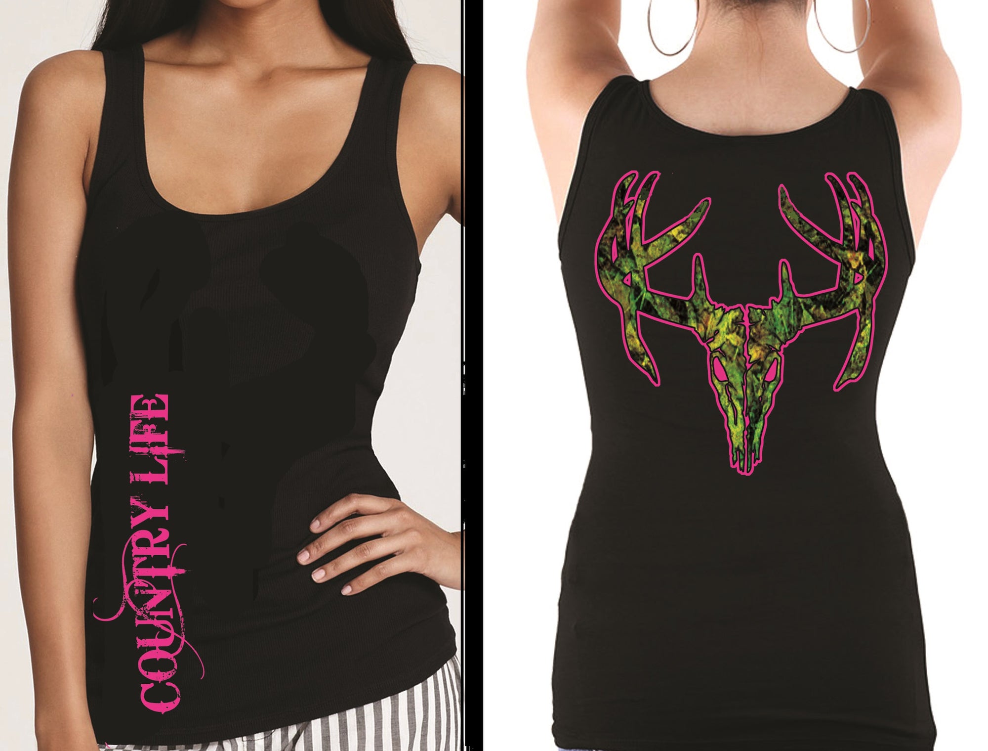 Country Life Outfitters Black & Pink Camo Realtree Deer Skull Head Hunt Vintage Bright Fitted Tank Top Shirt - SimplyCuteTees