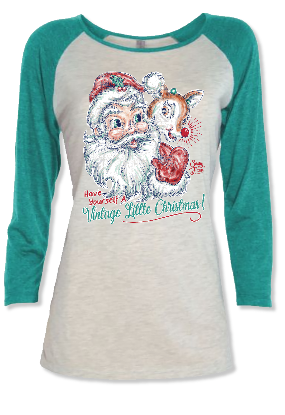 SALE Sassy Frass Vintage Little Christmas Santa Long Sleeve Raglan T Shirt