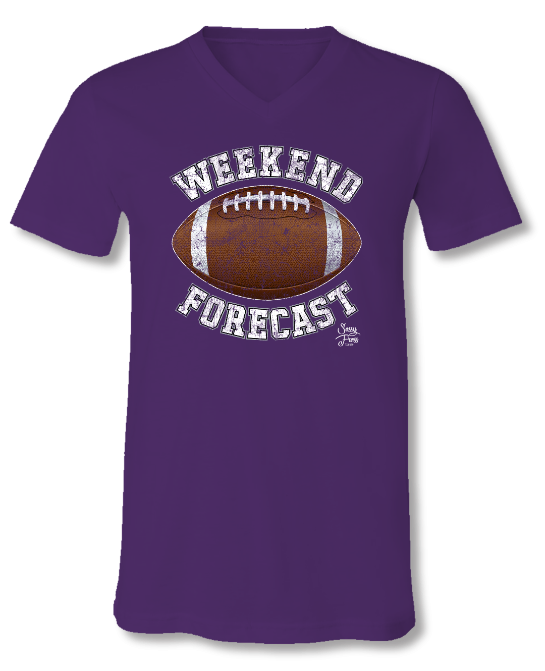 Sassy Frass Weekend Forecast Football Purple V-Neck Canvas Girlie Bright T Shirt